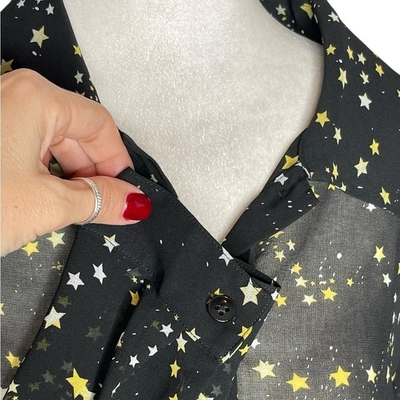 Cabi whimsical Sheer Button Down Blouse Black w Yellow & White Stars Size S - Picture 2 of 8